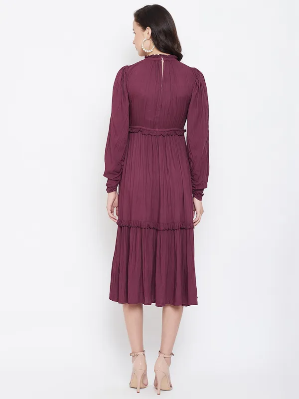 Burgundy_Solid_Party_Wear_Fit_&_Flare_Dress