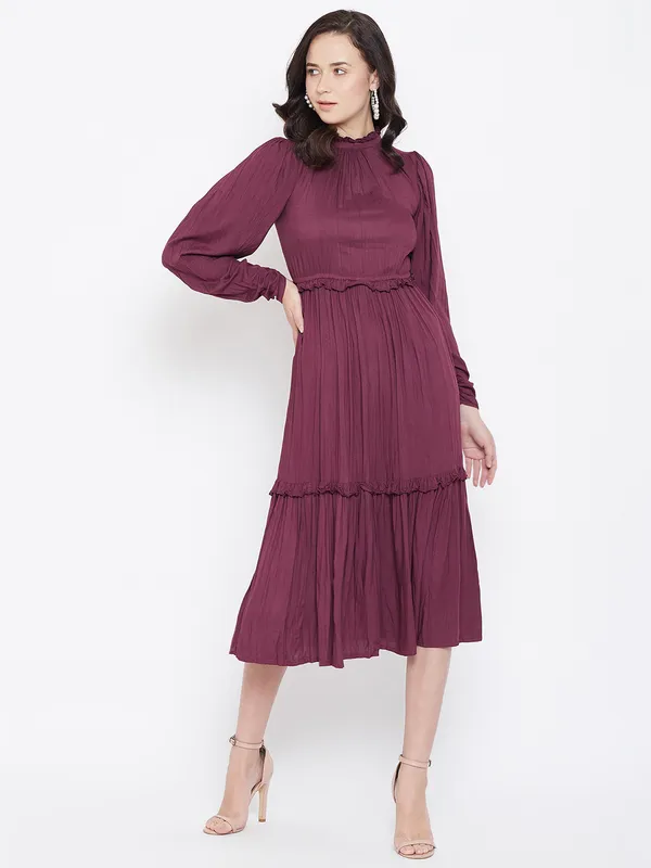 Burgundy_Solid_Party_Wear_Fit_&_Flare_Dress