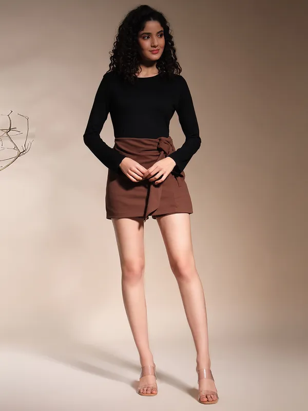 Zastraa_Coffee_Brown_Scuba_Skorts_with_Bow
