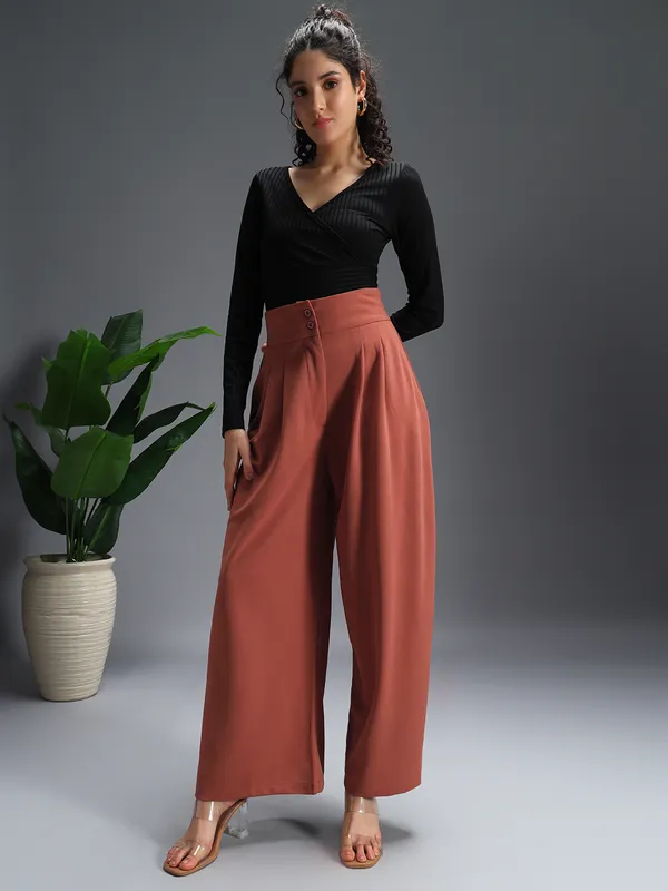 Zastraa_Rust_High_Waist_Darted_Korean_Pants