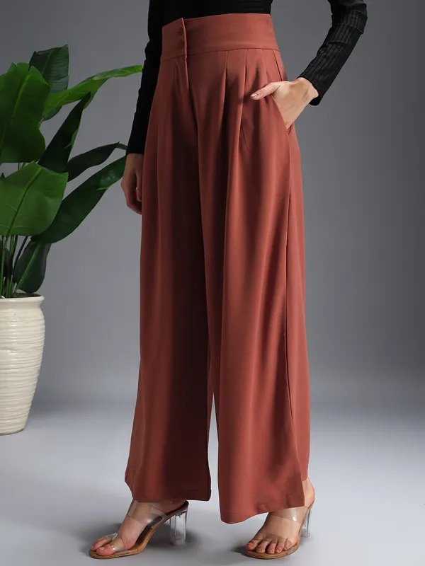 Zastraa_Rust_High_Waist_Darted_Korean_Pants
