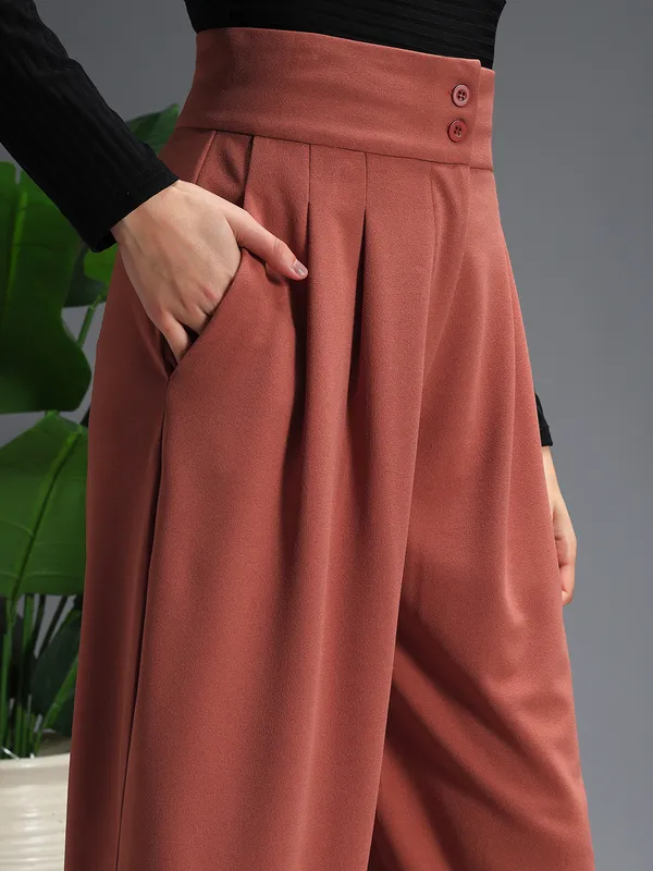 Zastraa_Rust_High_Waist_Darted_Korean_Pants