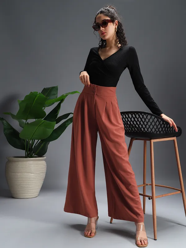 Zastraa_Rust_High_Waist_Darted_Korean_Pants