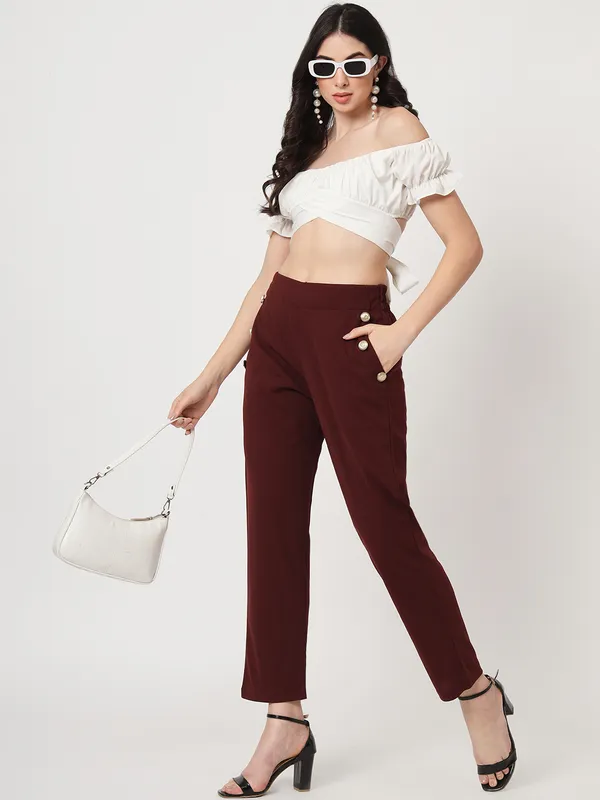 Zastraa_Women_Burgundy_Peg_Leg_Slim_Fit_High-Rise_Trousers