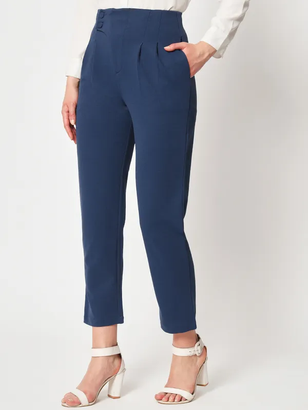 Zastraa_Women_Navy_Blue_Peg_Leg_Slim_Fit_High-Rise_Pleated_Trousers