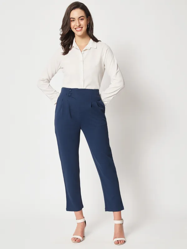 Zastraa_Women_Navy_Blue_Peg_Leg_Slim_Fit_High-Rise_Pleated_Trousers
