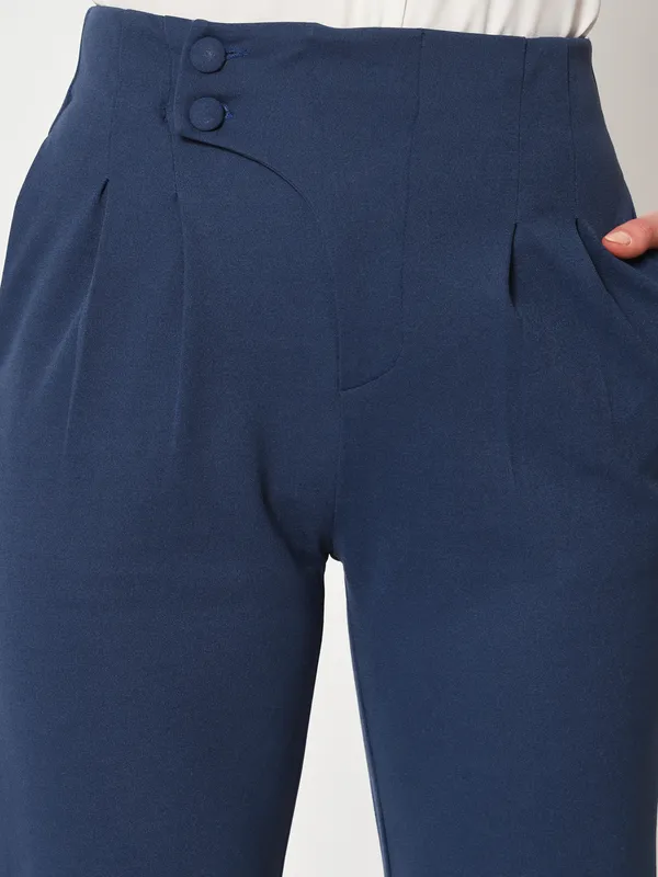 Zastraa_Women_Navy_Blue_Peg_Leg_Slim_Fit_High-Rise_Pleated_Trousers