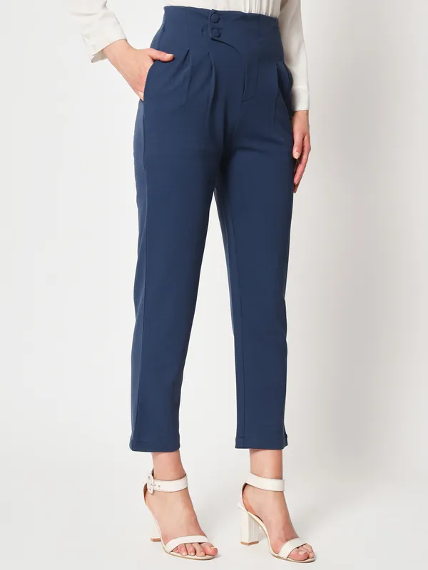 Zastraa_Women_Navy_Blue_Peg_Leg_Slim_Fit_High-Rise_Pleated_Trousers