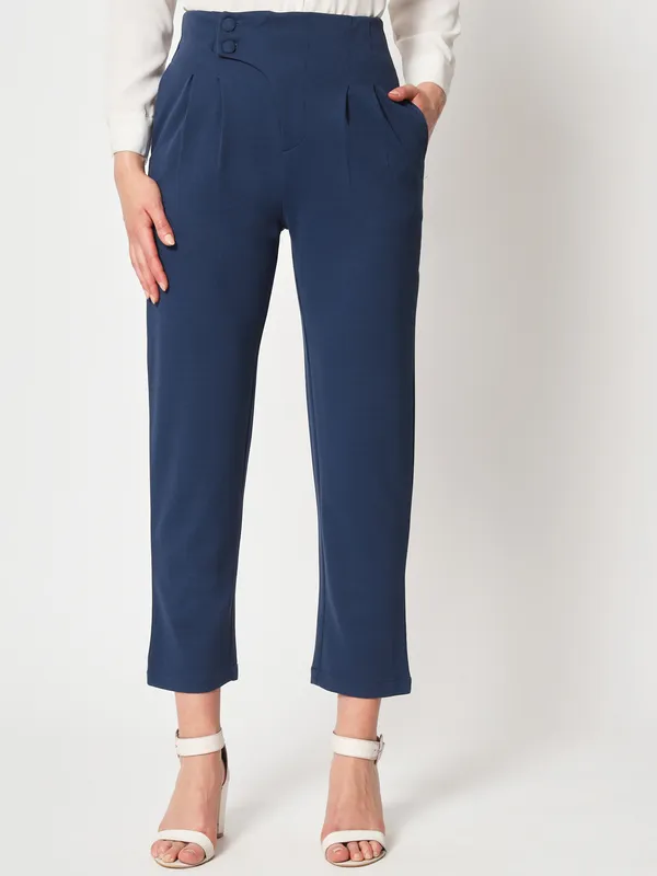 Zastraa_Women_Navy_Blue_Peg_Leg_Slim_Fit_High-Rise_Pleated_Trousers