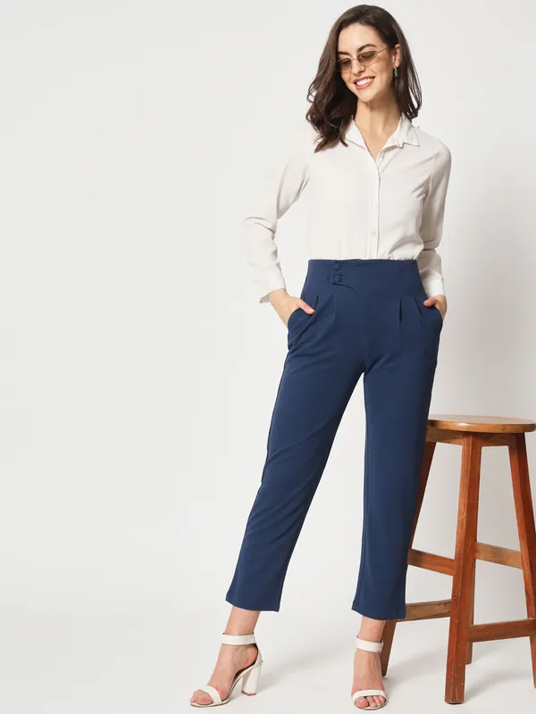 Zastraa_Women_Navy_Blue_Peg_Leg_Slim_Fit_High-Rise_Pleated_Trousers