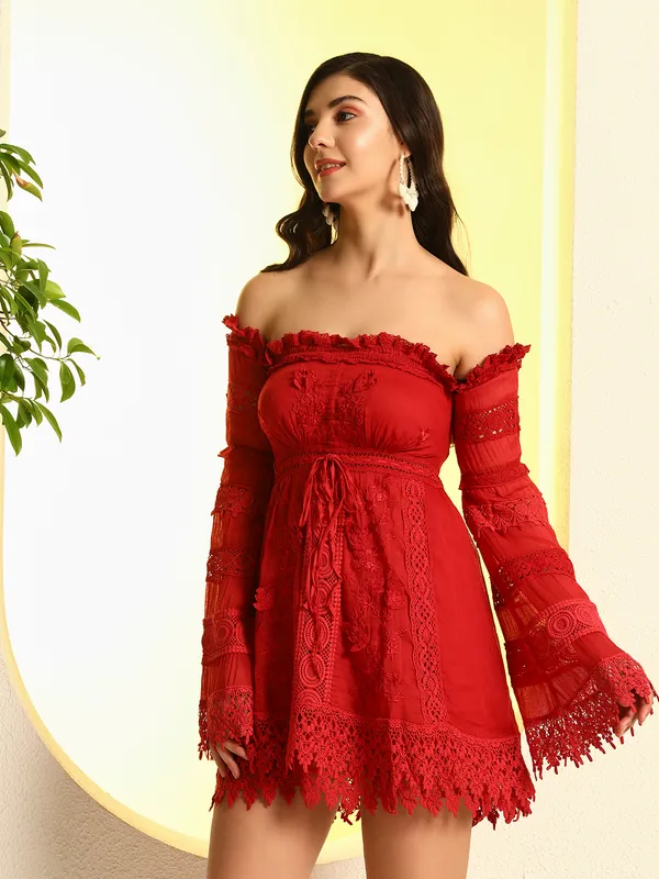 ZASTRAA_RED_EMBROIDERED_SCHIFFLI_LACE_DRESS_WITH_ADDED_HAND_EMBROIDERY