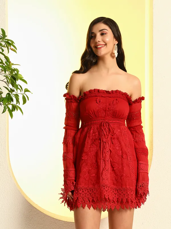 Zastraa ZASTRAA RED EMBROIDERED SCHIFFLI LACE DRESS WITH ADDED HAND  EMBROIDERY Price in India - Buy Zastraa ZASTRAA RED EMBROIDERED SCHIFFLI LACE  DRESS WITH ADDED HAND EMBROIDERY online at https://zastraa.com