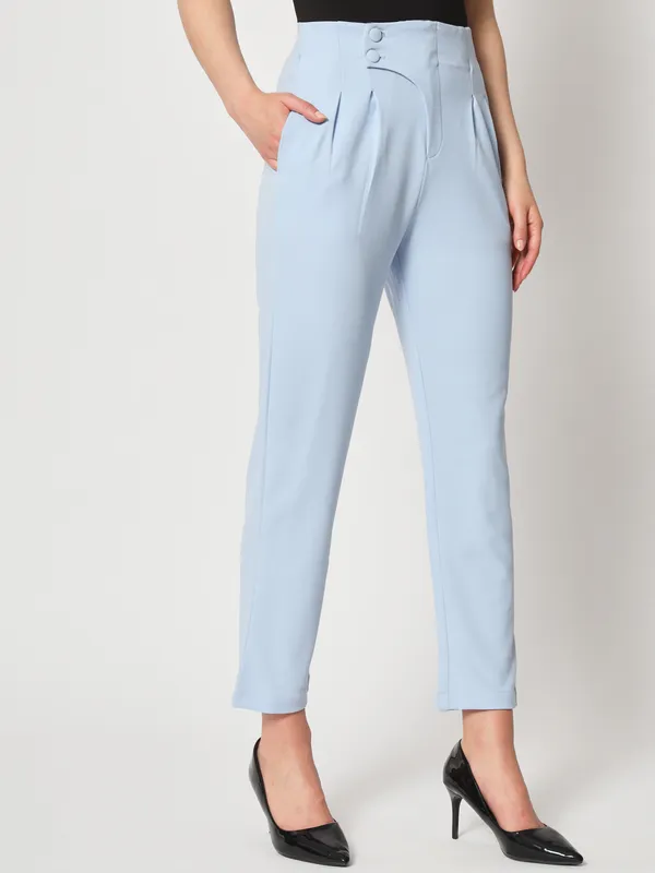 Zastraa_Women_Blue_Peg_Leg_Slim_Fit_High-Rise_Pleated_Trousers