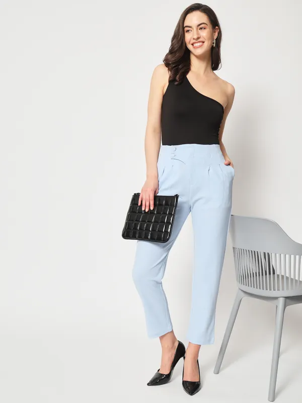 Zastraa_Women_Blue_Peg_Leg_Slim_Fit_High-Rise_Pleated_Trousers