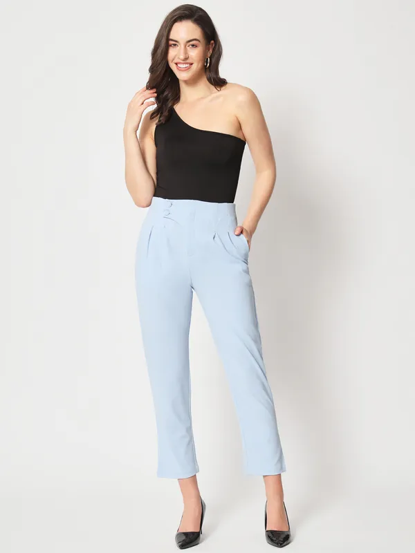 Zastraa_Women_Blue_Peg_Leg_Slim_Fit_High-Rise_Pleated_Trousers