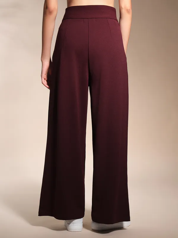 Zastraa_Burgundy_High_Waist_Darted_Korean_Pants