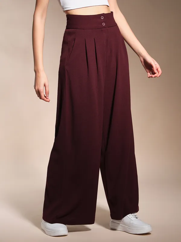 Zastraa_Burgundy_High_Waist_Darted_Korean_Pants