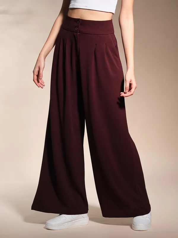 Zastraa_Burgundy_High_Waist_Darted_Korean_Pants