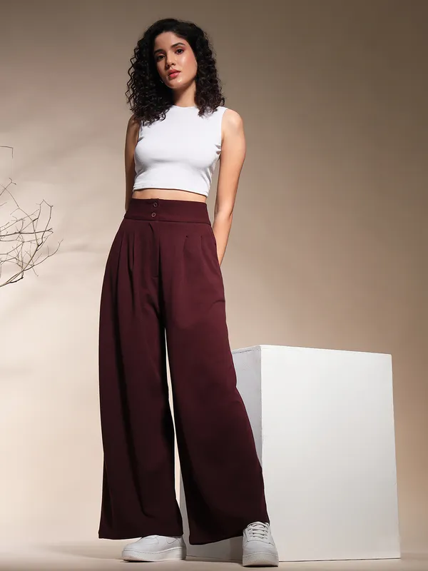 Zastraa_Burgundy_High_Waist_Darted_Korean_Pants