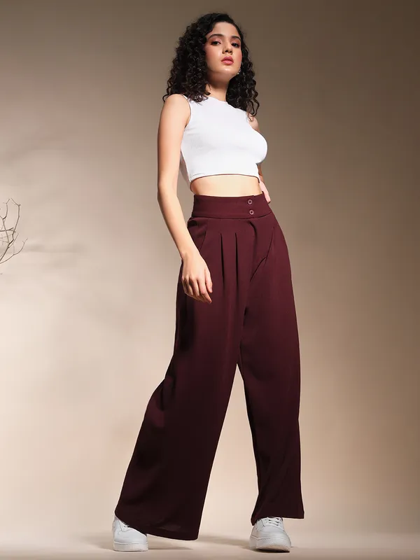 Zastraa_Burgundy_High_Waist_Darted_Korean_Pants