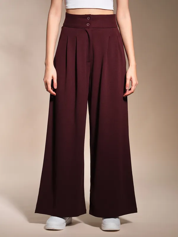 Zastraa_Burgundy_High_Waist_Darted_Korean_Pants