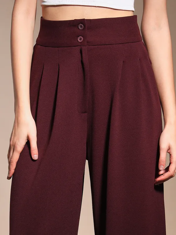 Zastraa_Burgundy_High_Waist_Darted_Korean_Pants