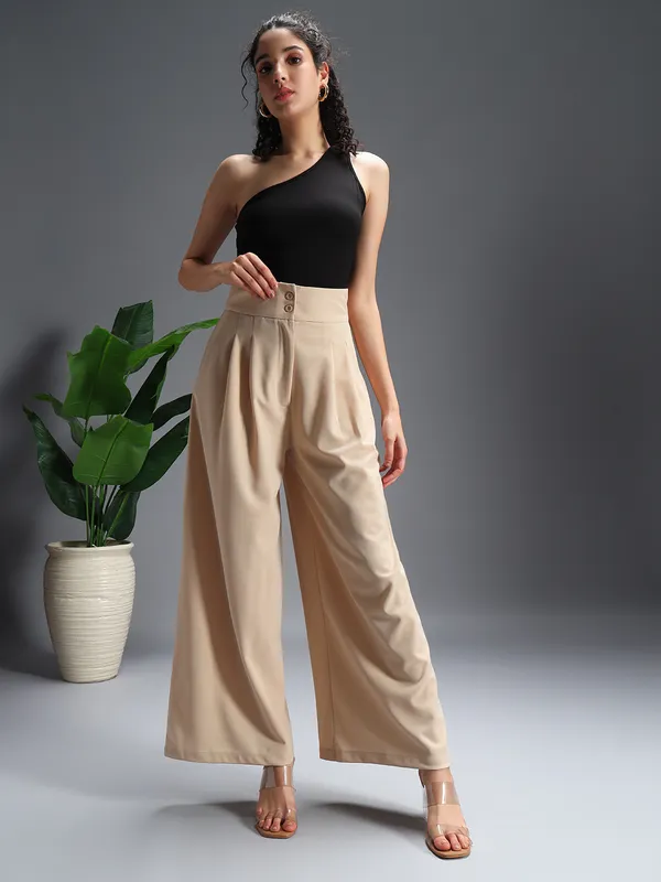 Zastraa_Beige_High_Waist_Darted_Korean_Pants