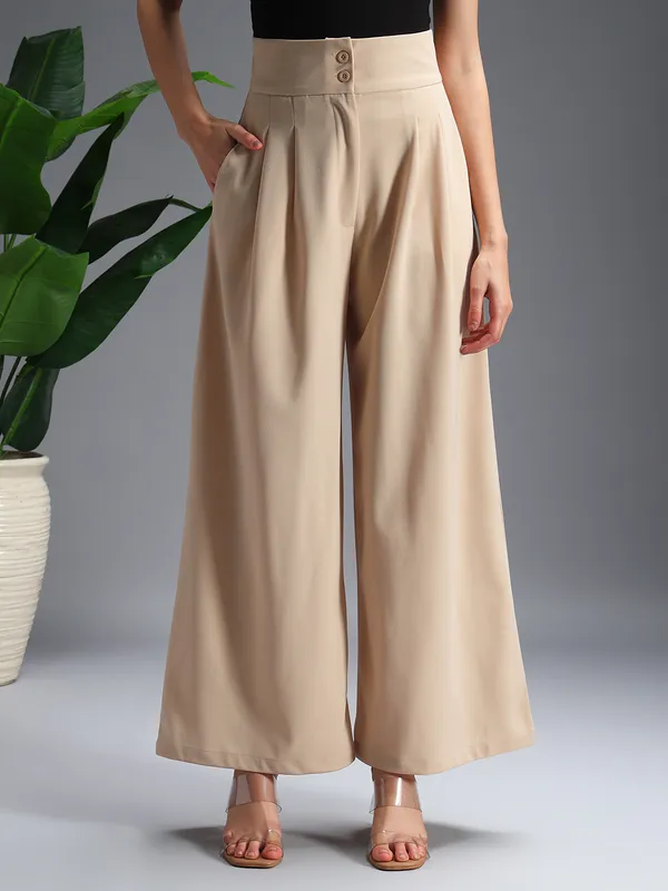 Zastraa_Beige_High_Waist_Darted_Korean_Pants