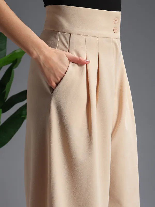 Zastraa_Beige_High_Waist_Darted_Korean_Pants