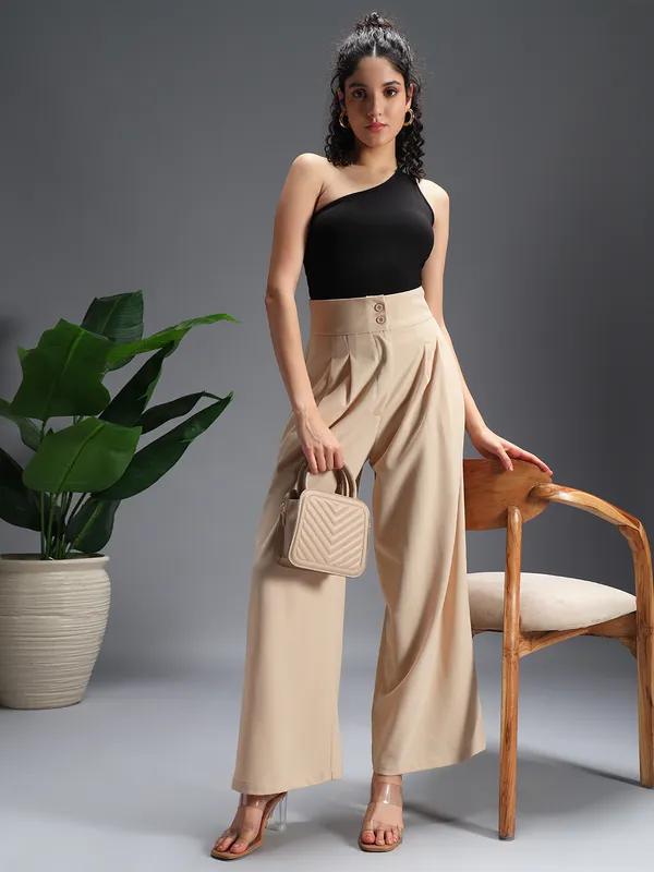 Zastraa_Beige_High_Waist_Darted_Korean_Pants
