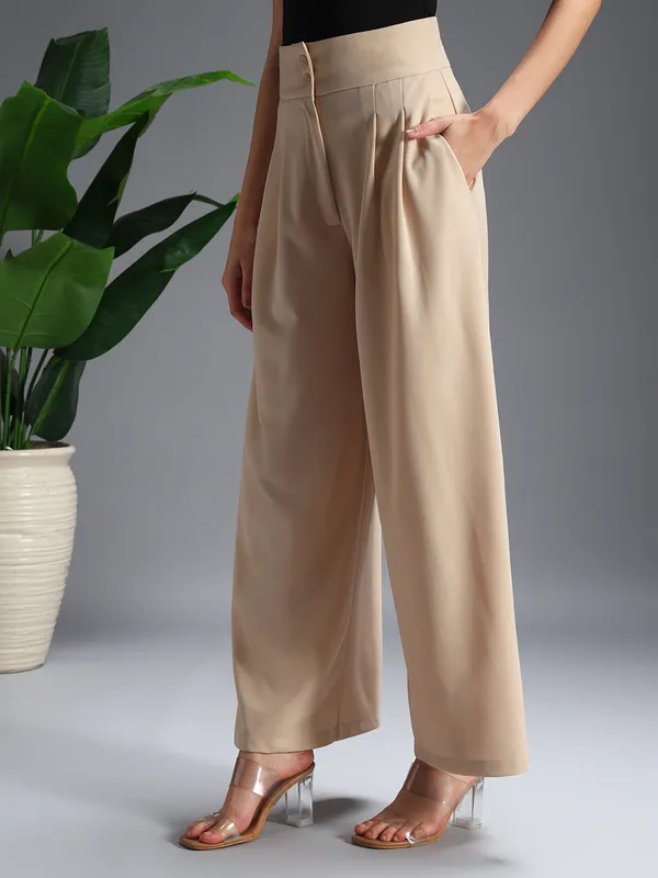 Zastraa_Beige_High_Waist_Darted_Korean_Pants