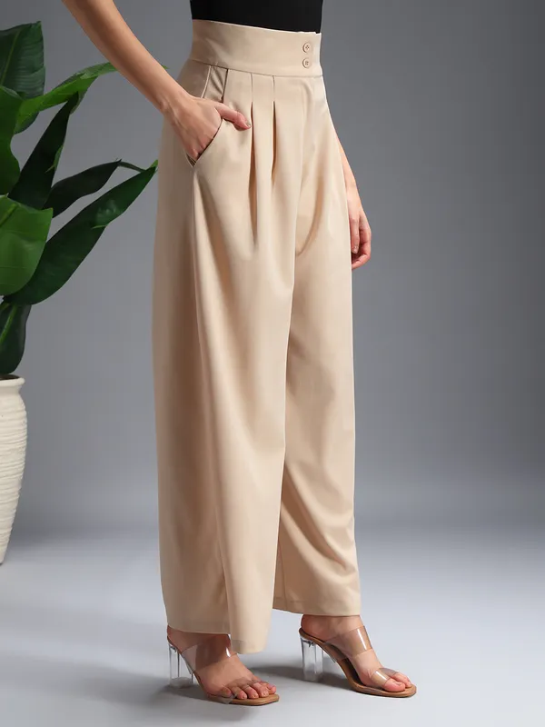 Zastraa_Beige_High_Waist_Darted_Korean_Pants