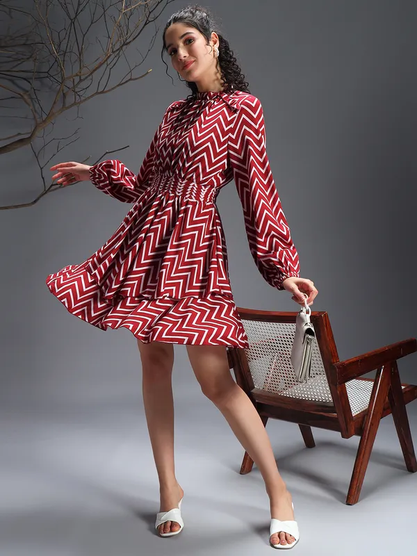 Women_Red_Chevron_Printed_Fit_&_Flare_Dress
