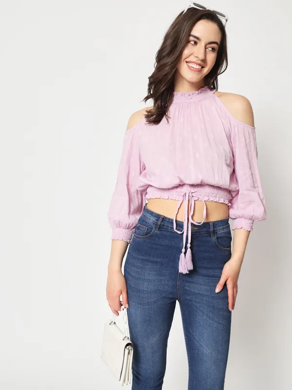 Zastraa_Lavender_Cold-Shoulder_Pure_Cotton_Blouson_Crop_Top