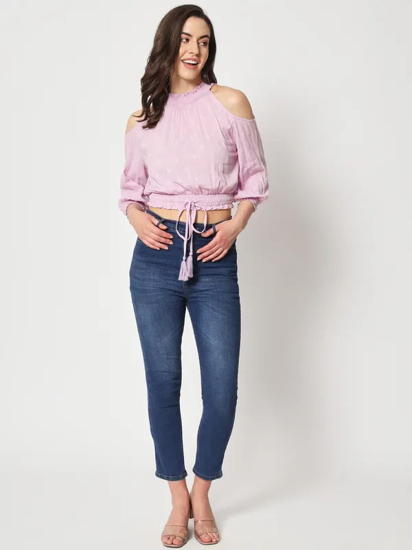 Zastraa_Lavender_Cold-Shoulder_Pure_Cotton_Blouson_Crop_Top