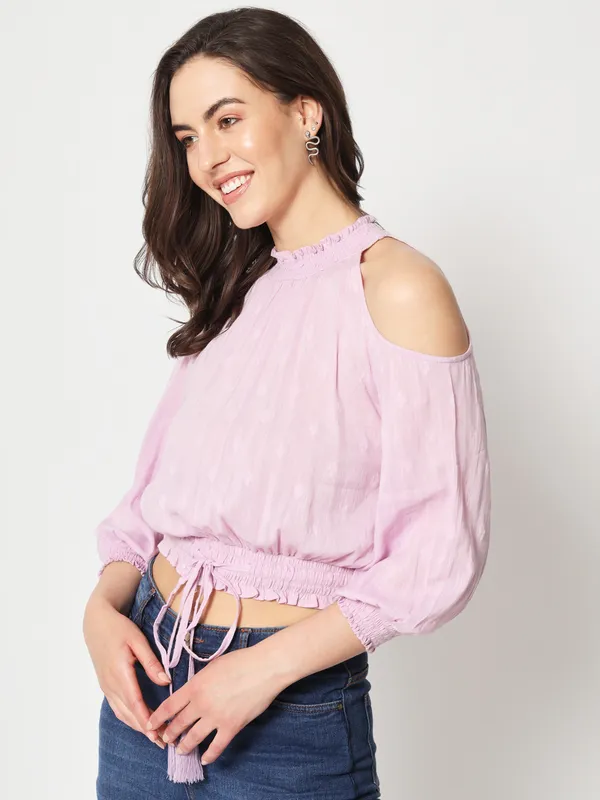 Zastraa_Lavender_Cold-Shoulder_Pure_Cotton_Blouson_Crop_Top