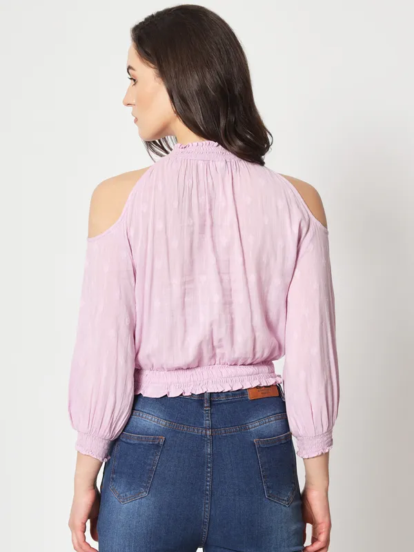 Zastraa_Lavender_Cold-Shoulder_Pure_Cotton_Blouson_Crop_Top