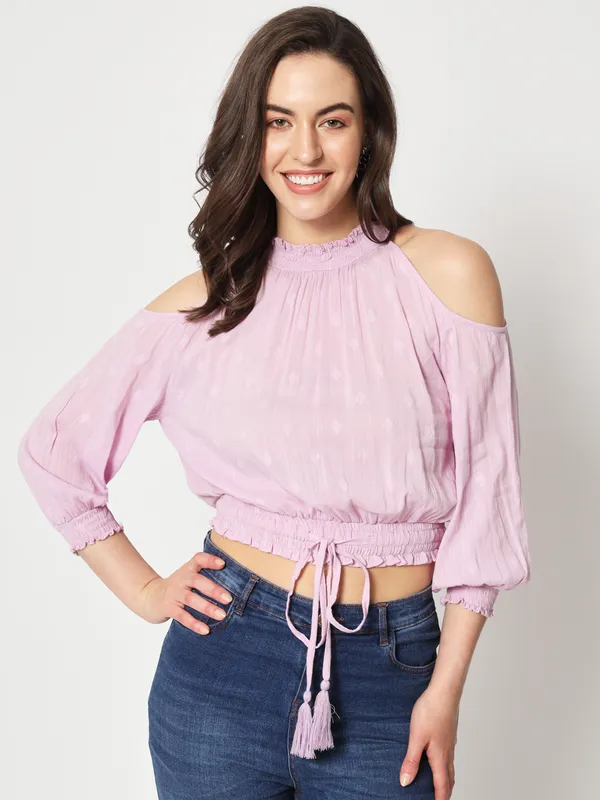 Zastraa_Lavender_Cold-Shoulder_Pure_Cotton_Blouson_Crop_Top