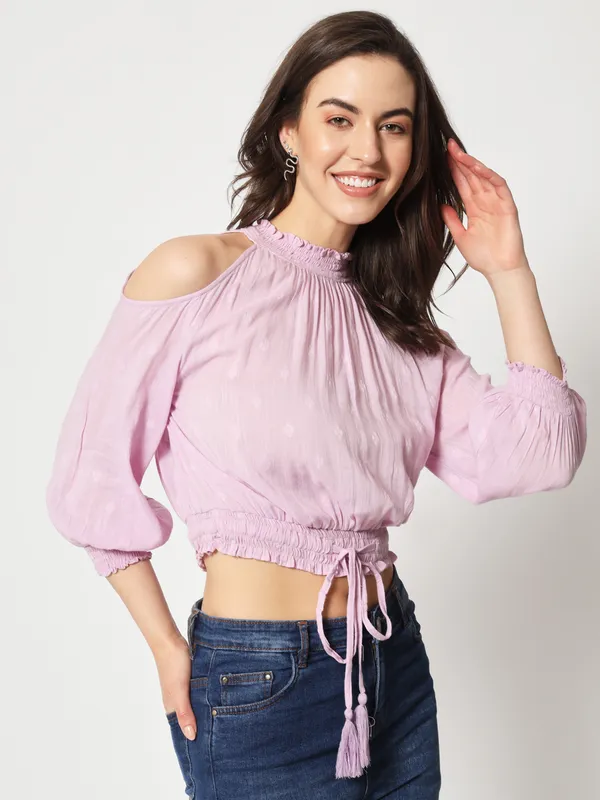 Zastraa_Lavender_Cold-Shoulder_Pure_Cotton_Blouson_Crop_Top