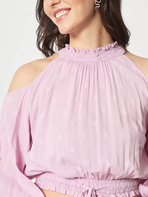 Zastraa_Lavender_Cold-Shoulder_Pure_Cotton_Blouson_Crop_Top
