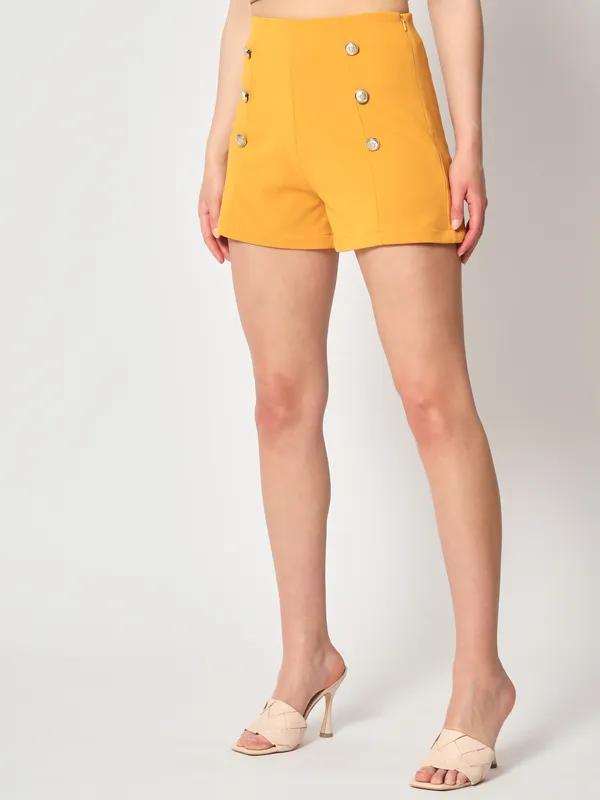 Zastraa_Women_Mustard_Yellow_Slim_Fit_High-Rise_Shorts