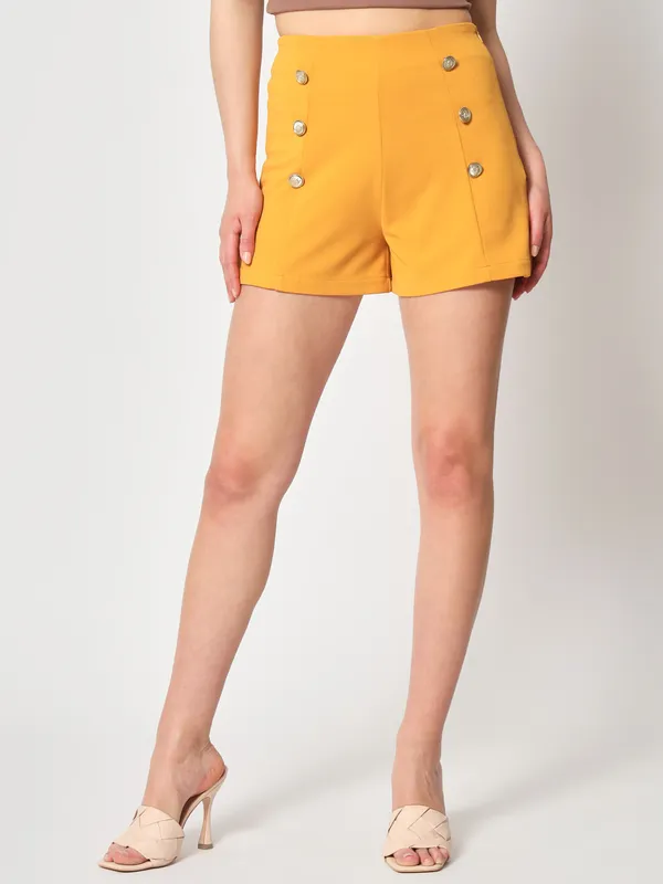 Zastraa_Women_Mustard_Yellow_Slim_Fit_High-Rise_Shorts