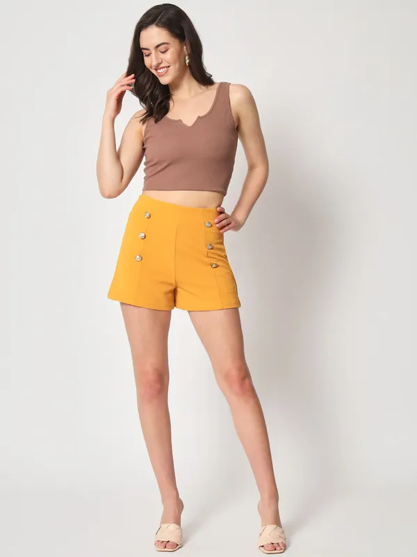 Zastraa_Women_Mustard_Yellow_Slim_Fit_High-Rise_Shorts