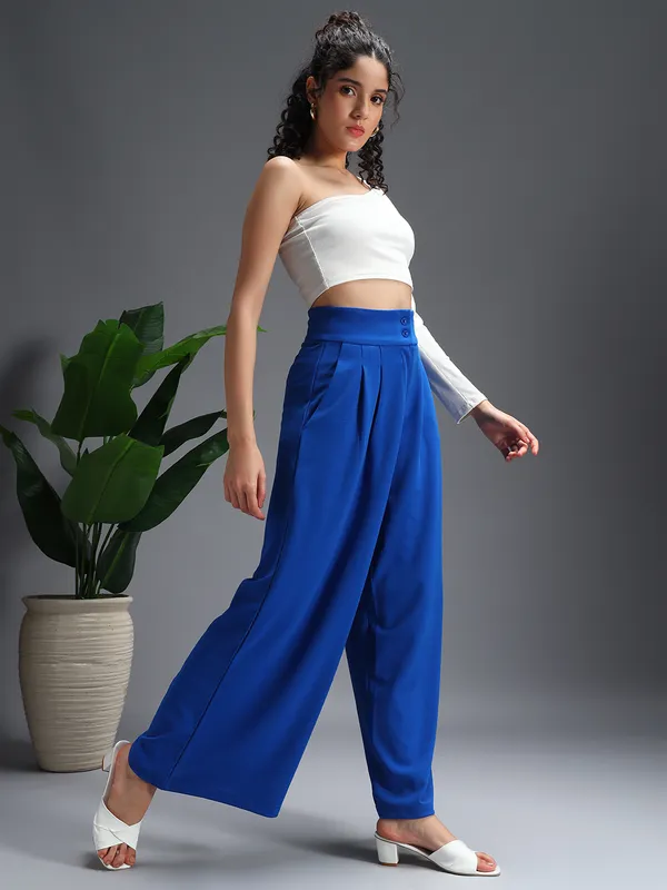 Zastraa_Royal_Blue_High_Waist_Darted_Korean_Pants