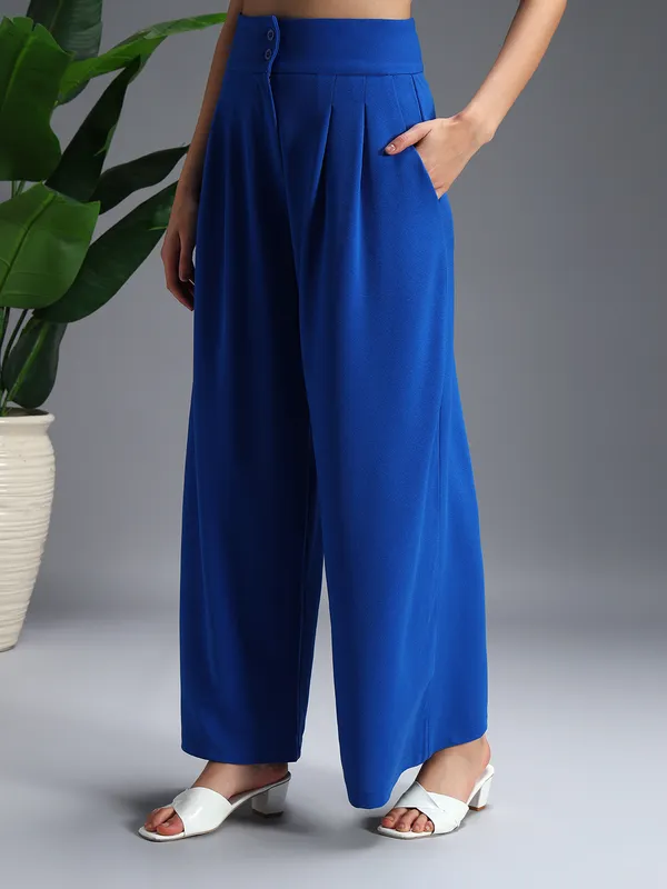 Zastraa_Royal_Blue_High_Waist_Darted_Korean_Pants