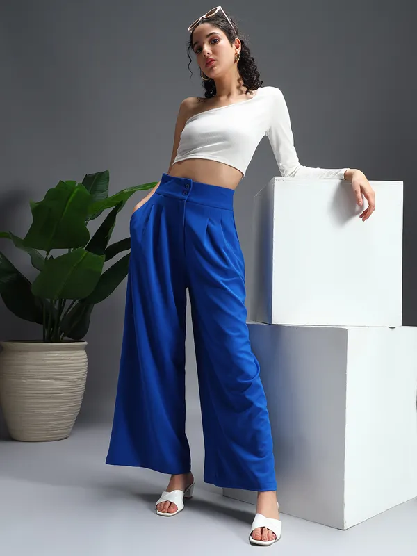 Zastraa_Royal_Blue_High_Waist_Darted_Korean_Pants