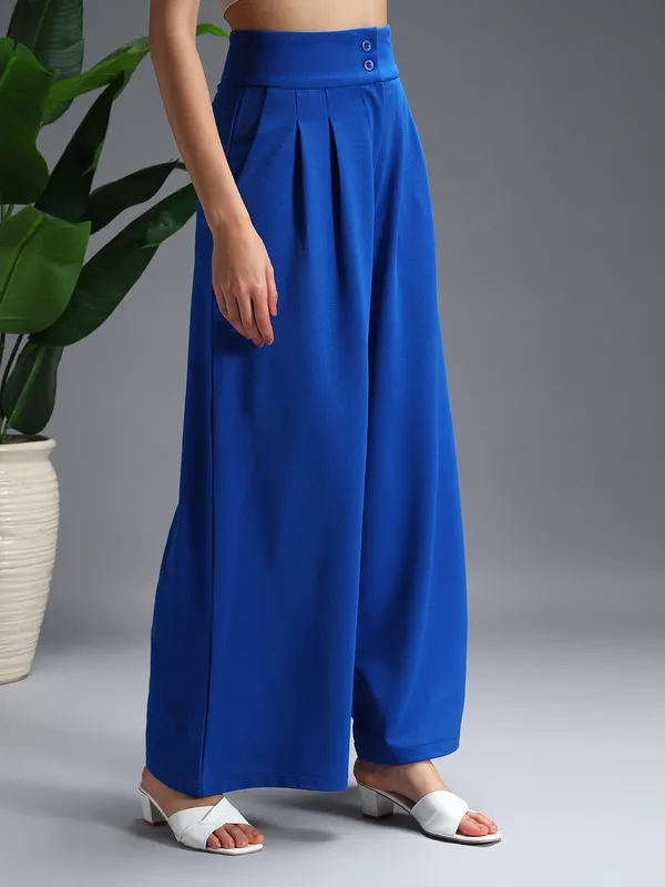 Zastraa_Royal_Blue_High_Waist_Darted_Korean_Pants