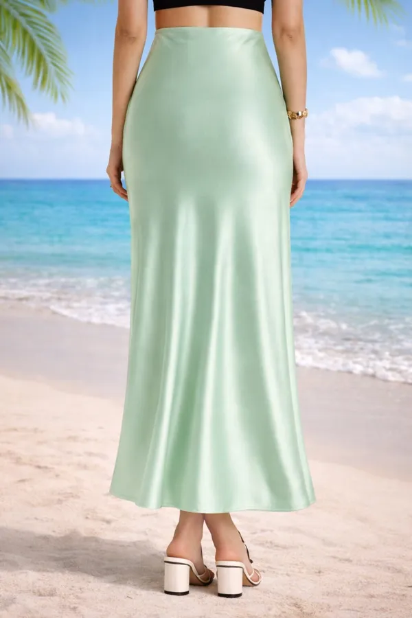 Zastraa_Women_Green_Satin_Midi_Flared_Skirt