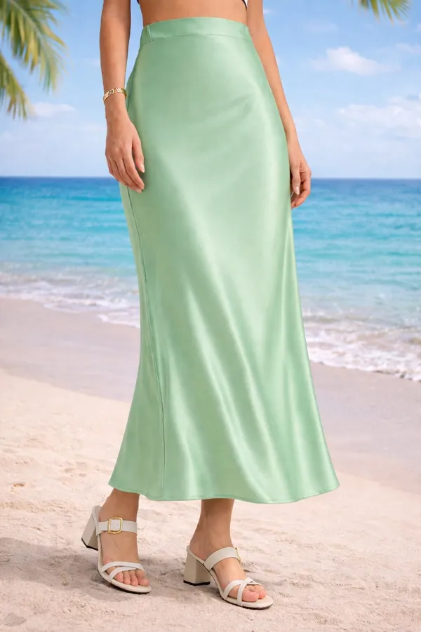 Zastraa_Women_Green_Satin_Midi_Flared_Skirt