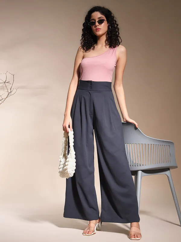 Zastraa_Charcoal_Grey_High_Waist_Darted_Korean_Pants